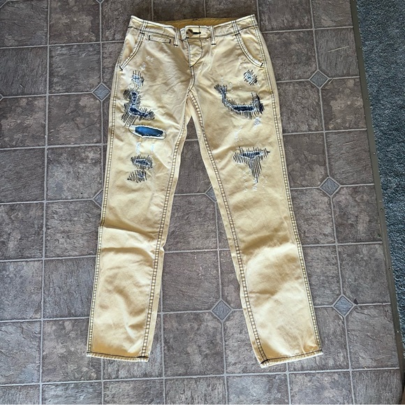 True Religion Jordan Jeans Yellow Distressed Button Fly Pants Chino/Khaki Punk - Picture 1 of 9